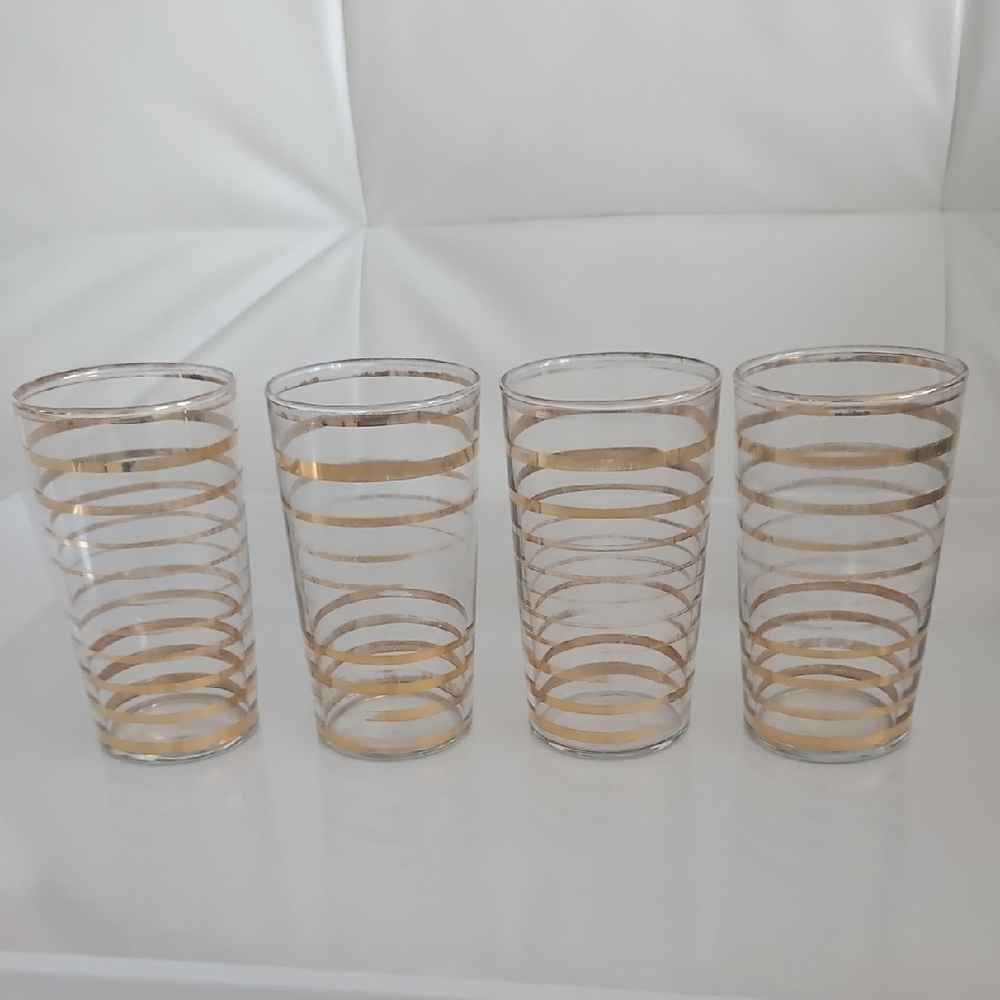 Mid Century Modern Set of Four Gold Striped Glass Tumblers